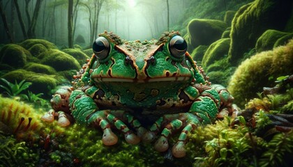 A vividly detailed frog sits amidst lush greenery, capturing the essence of a serene forest ecosystem. Perfect for nature and wildlife themes in advertising or educational materials.