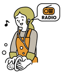 ラジオを聴きながら皿洗いをする女性のベクターイラスト