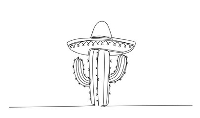 cactus with traditional mexican sombrero drawn in cultural line art © Wieslaw