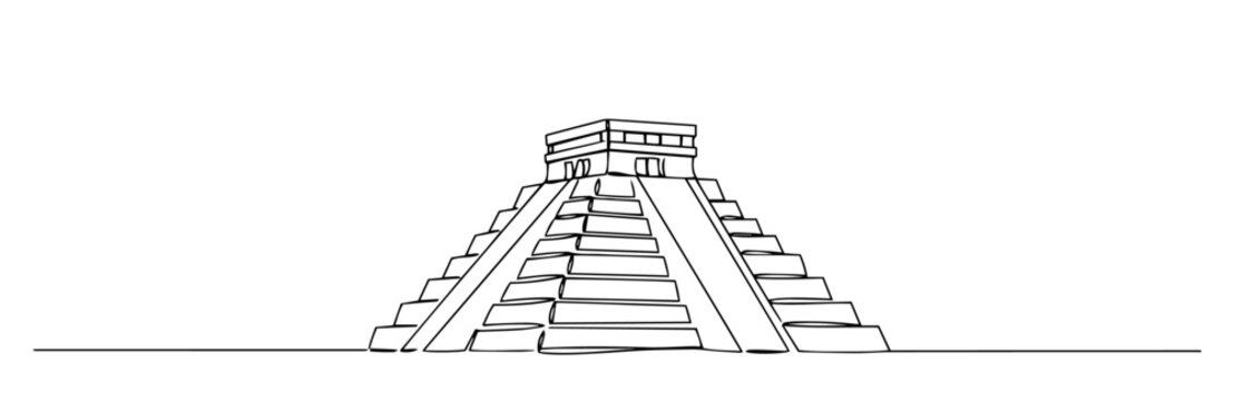 mayan pyramid with steep steps drawn in minimalist one line historical style