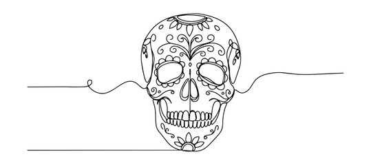 decorated mexican sugar skull for dia de los muertos drawn in line art