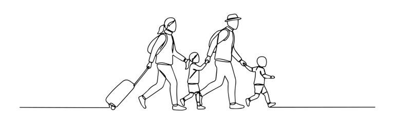 traveling family walking with suitcases and children drawn in simple continuous line style