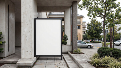 blank advertising billboard stands in urban setting, surrounded by modern architecture and greenery, inviting creativity and blank poster mockup