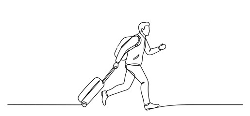 man rushing with suitcase in hurry drawn in dynamic continuous line art