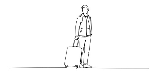 man standing with suitcase waiting for transportation drawn in minimal continuous line style