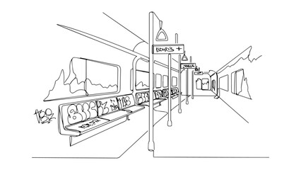 modern train interior with panoramic windows and empty seats drawn in one line perspective