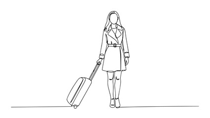 woman walking with rolling suitcase drawn in minimalist travel line art