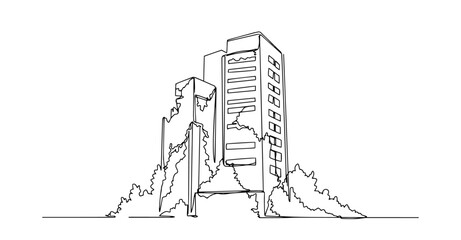 collapsed high-rise building covered with debris drawn in simple one line drawing style © Wieslaw