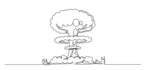 nuclear explosion with mushroom cloud over city drawn in expressive one line art style