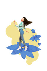 Vertical sketch 3d collage poster of happy beautiful girl dance spring season party blue wildflower bloom march park walk