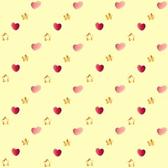Delicate seamless pattern. Pink hearts and golden stars on a yellow background.