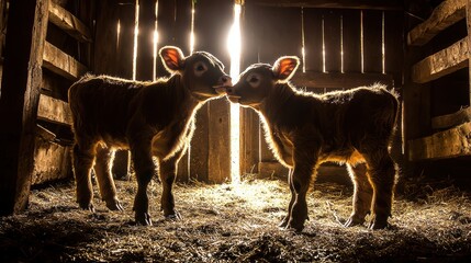 Calves playing inside rustic barn barn animals rustic environment close-up playful interaction