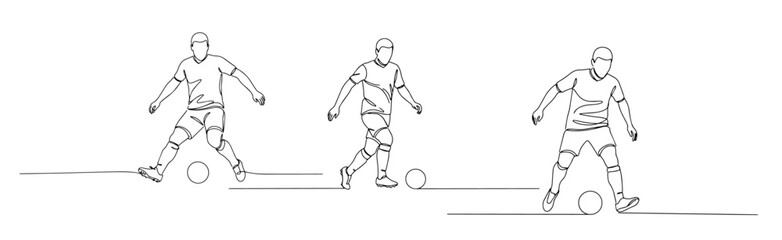 Obraz premium three soccer players dribbling the ball in motion drawn in continuous line sports illustration