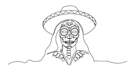 mexican catrina skull with sombrero in dia de los muertos line drawing
