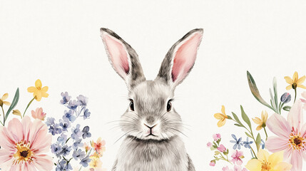 Obraz premium A fluffy grey rabbit surrounded by colorful flowers in watercolor