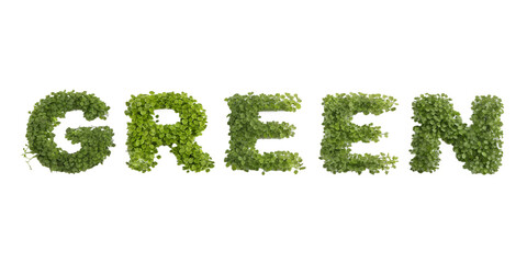 
font inscription GREEN with green grass texture, 3D, isolated on transparent background