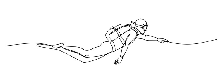 scuba diver exploring underwater world in minimalist one line ocean diving illustration