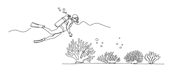 Fototapeta premium scuba diver exploring coral reef with bubbles in continuous underwater line illustration