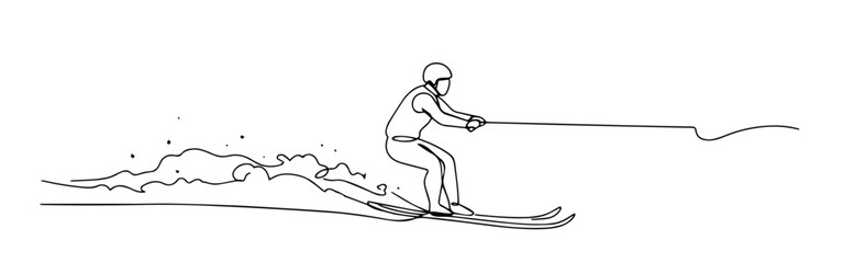 water skier balancing on waves in energetic one line vector drawing