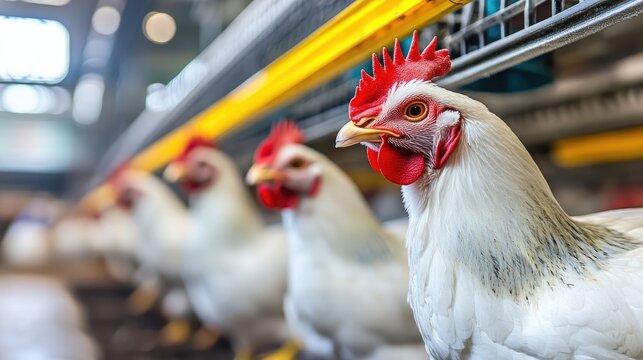 Industrial chicken farm with modern feeding systems and ventilation fans