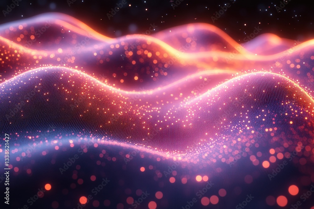 Poster colorful waves of light create an abstract landscape with sparkling particles and depth