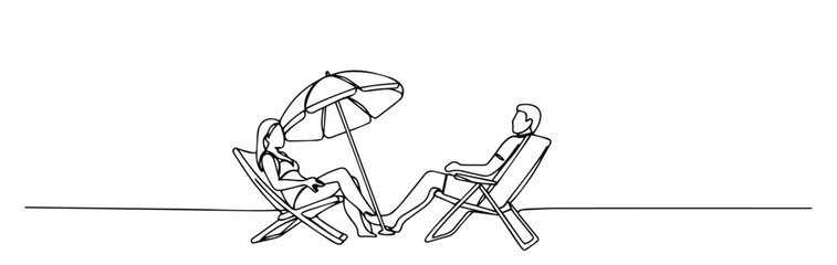 girl and boy sitting on beach chairs in vacation minimalist line drawing