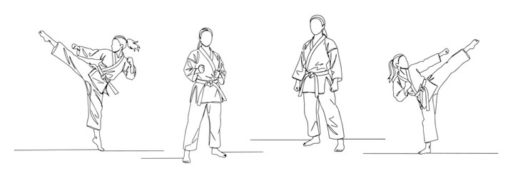 martial arts practitioners in various poses including high kicks and stances in line drawing style