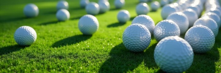 Array of dimpled golf balls creating unique shadows, ground, reflective