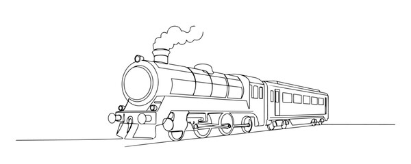 vintage steam locomotive pulling carriage in side view line drawing style © Wieslaw