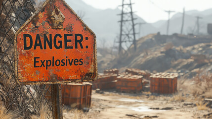 Danger sign warns of explosives in an industrial quarry with dust clouds rising and crates stacked under dramatic lighting