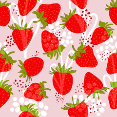 A solid drawing of fresh strawberries. Seamless texture. Pink. Doodle. Red berry - minimal style. Healthy eating. Hand-drawn vector illustration for textile, wallpaper. Handwriting.