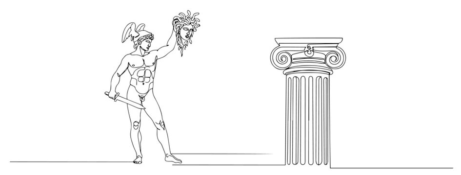 perseus holding medusa&rsquo;s head next to greek ionic column in line drawing