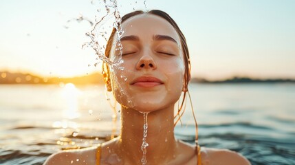 Obraz premium A serene moment captured as a woman enjoys water splashing on her face during sunset, evoking tranquility and bliss.