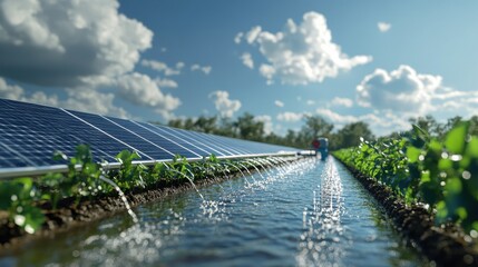 Solar-powered irrigation system watering farmland