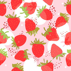 A solid drawing of fresh strawberries. Seamless texture. Pink. Doodle. Red berry - minimal style. Healthy eating. Hand-drawn vector illustration for textile, wallpaper. Handwriting.