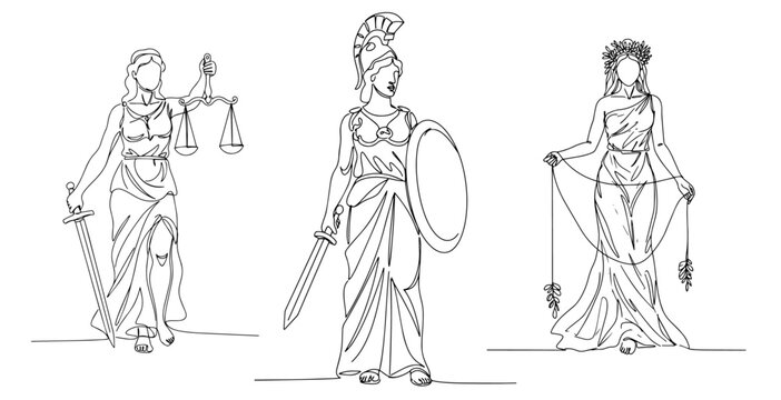 three greek goddesses aphrodite athena and themis in continuous line illustration