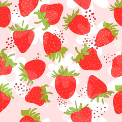 A solid drawing of fresh strawberries. Seamless texture. Pink. Doodle. Red berry - minimal style. Healthy eating. Hand-drawn vector illustration for textile, wallpaper. Handwriting.