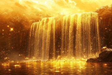 A stunning golden waterfall cascades into a shimmering pool, surrounded by lush vegetation and illuminated by a glowing sky.
