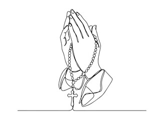 praying hands holding rosary monoline hand-drawn sketch vector lineart