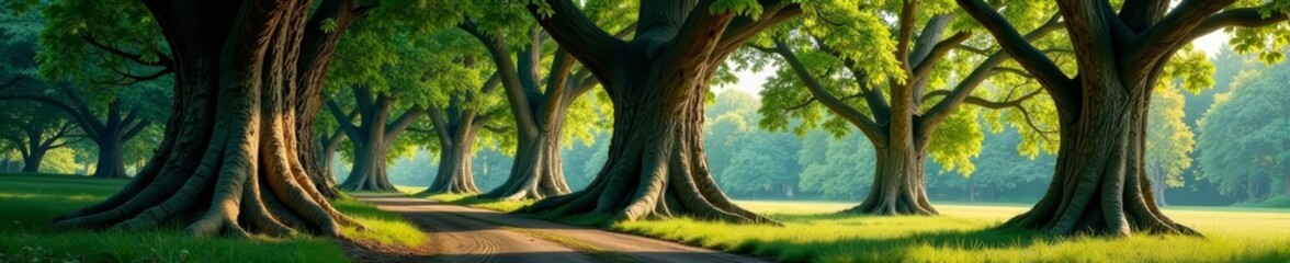 Naklejka premium Assorted big trees with lush foliage and intricate bark patterns, timber, landscape