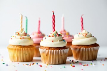 Assorted birthday cupcakes with colorful sprinkles and candles on white background, vanilla, sprinkles, birthday