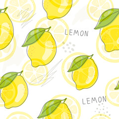 Fresh yellow fruits of lemon, lime, with green leaves and flowers. Seamless citrus texture on a white background. Whole lemon slice. Doodle Minimal Style. Black line. Vector illustration.