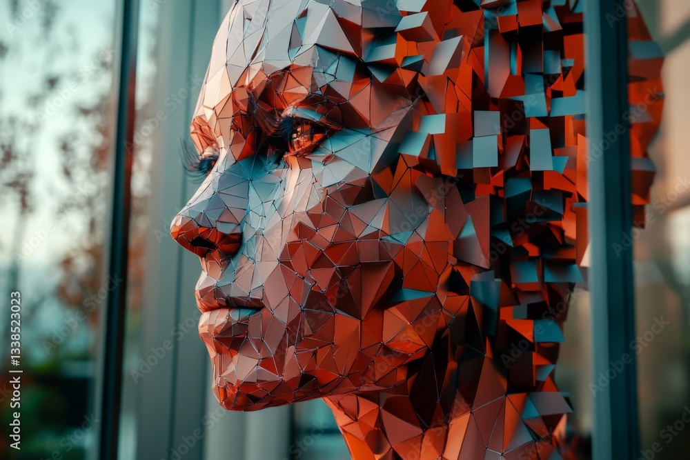 Poster sculptural representation of a human face made from angular shapes in an outdoor setting during suns
