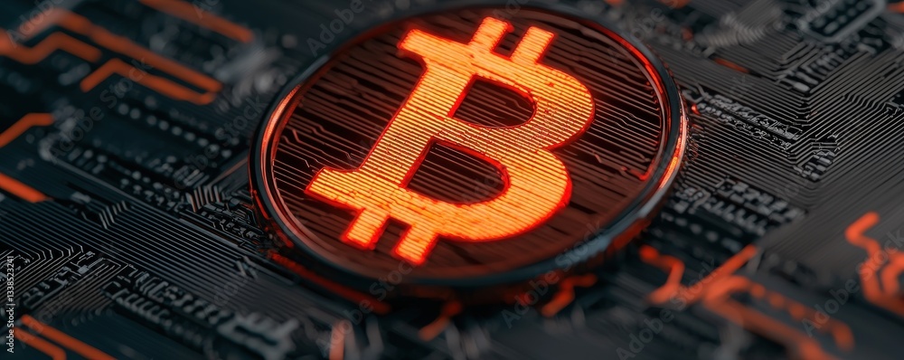 Poster climate tech innovation startup concept. bitcoin symbol on a circuit board background with glowing e