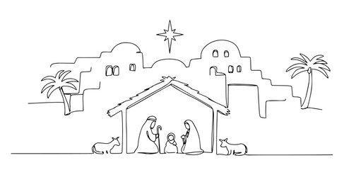 Naklejka premium nativity scene with bethlehem star outline one line vector shape