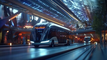 Solar-powered bus driving through a futuristic city