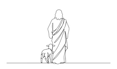 jesus as good shepherd with lamb outline one line vector shape