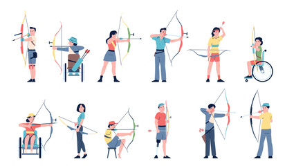 Archers sport characters. Male female archery athletes, disabled athlete with arrow and bow. People shooting to ait or target, recent vector set © LadadikArt