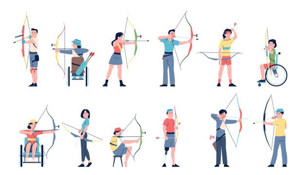 Archers sport characters. Male female archery athletes, disabled athlete with arrow and bow. People shooting to ait or target, recent vector set
