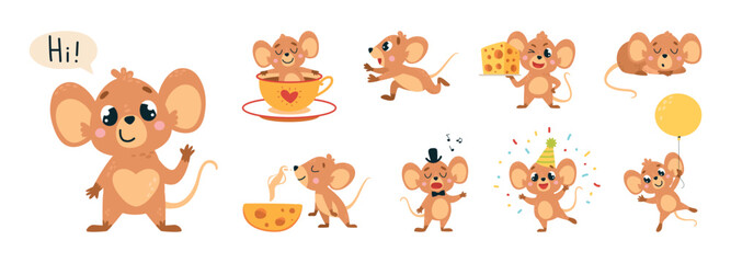 Obraz premium Funny mice. Cartoon mouse with cheese, rest in cup, singing, flying on balloon. Cute tiny animal sleep and run, children emotional mascots, classy vector set